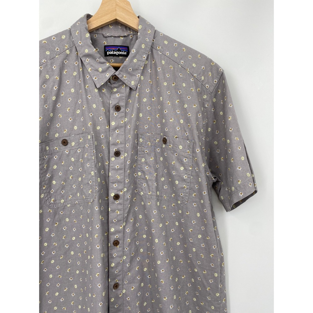 Patagonia Button Down Shirt Mens Gray Floral Hemp Cotton Short Sleeve